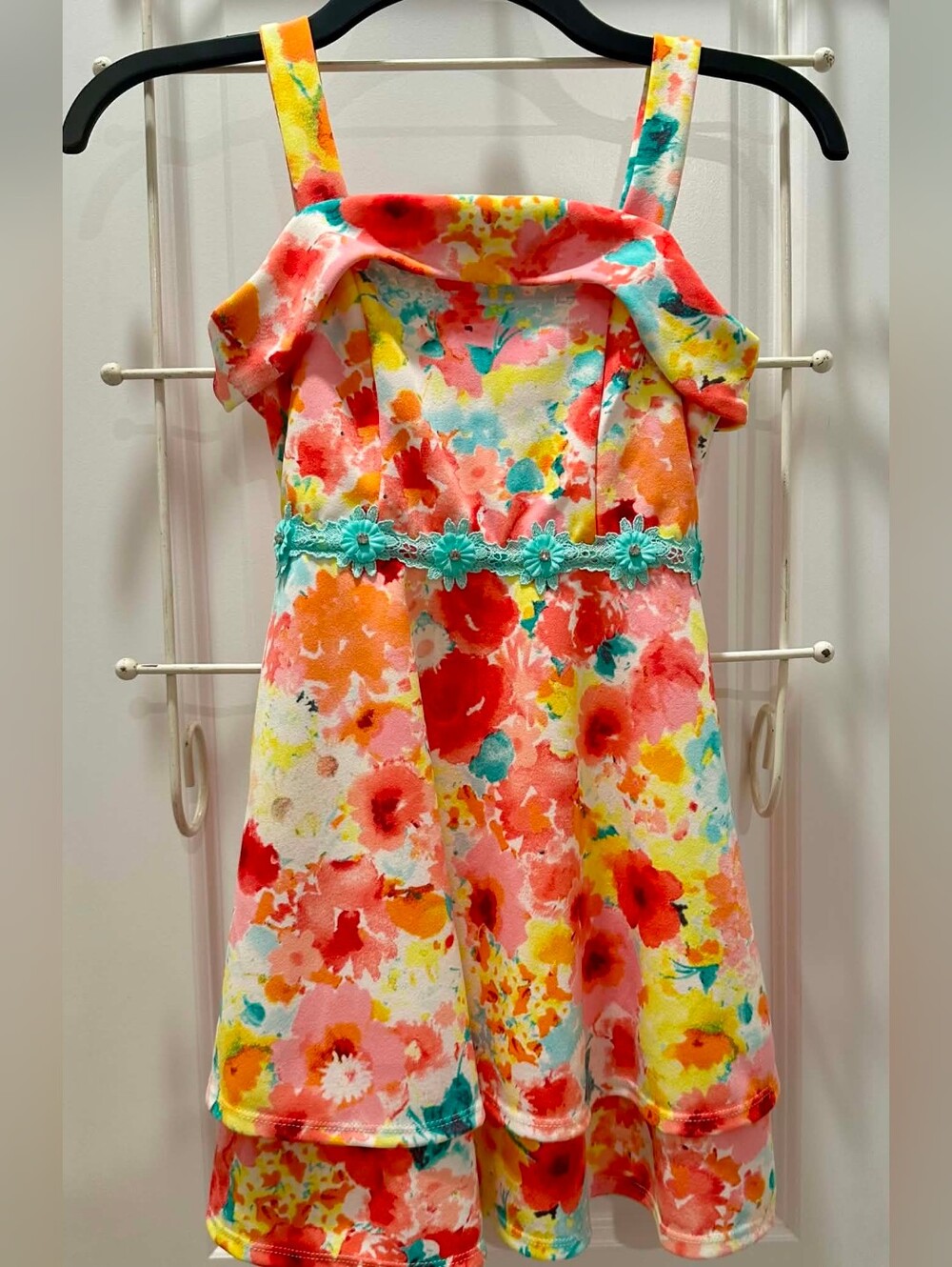 Speechless Multicolor Floral Dress with Teal Daisy Trim
